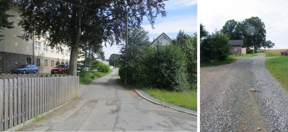 Bild links: Situation an der Schule mit zu erhaltendem Baum; Bild rechts: Situation am Bauende