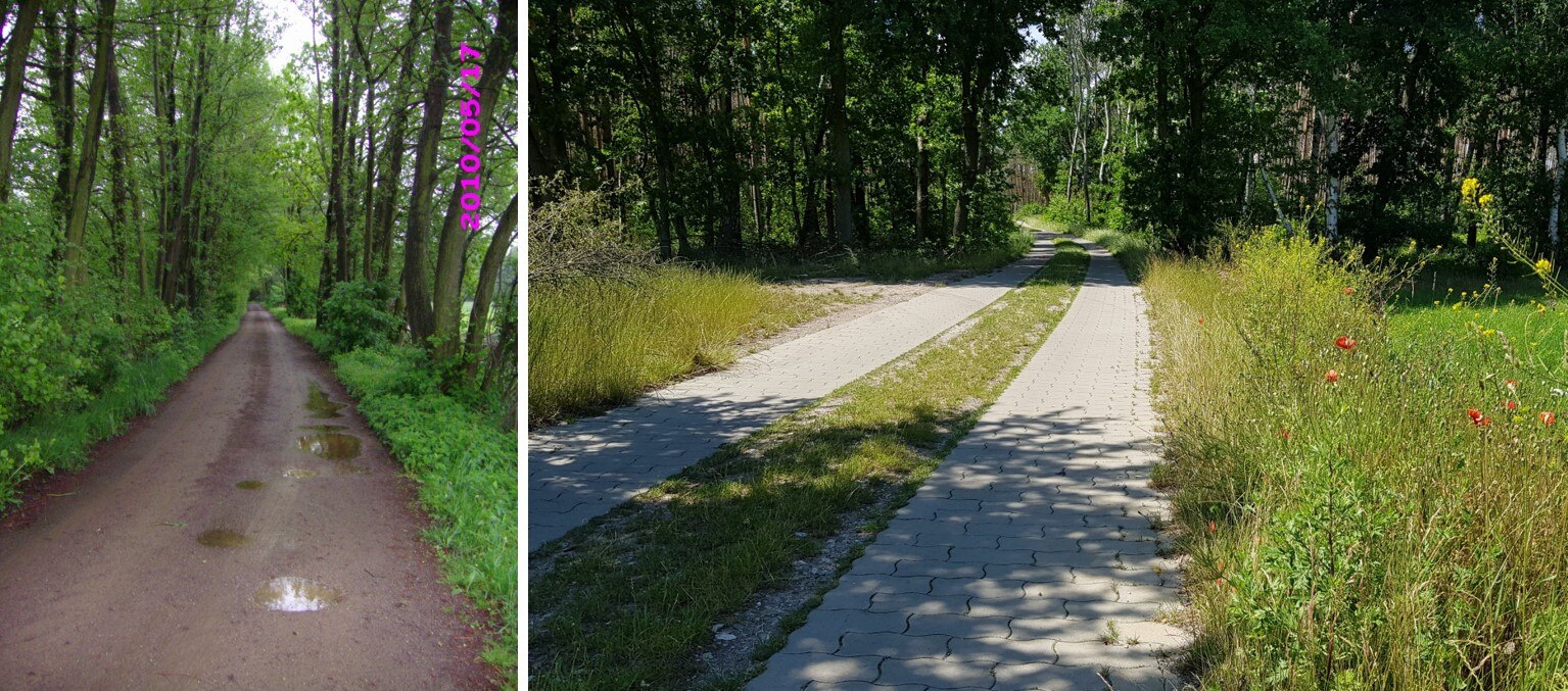 Bild links: Alter Weg von Wöllnau nach Pressel; Bild rechts: Beispiel eines neu gebauten Spurwegs mit Ausweichstellen im Verfahrensgebiet