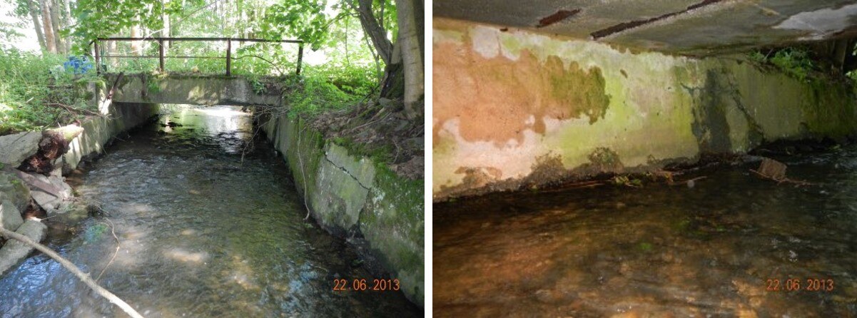 Bild links: Obere Brücke, Außenansicht - Bild rechts: Obere Brücke, rostige Trägerflansche