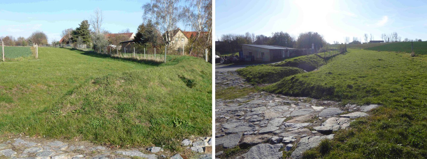 Bild links: nördlicher Teil der Graben-Wallhecke mit vorgelagerter extensiv bewirtschafteter Wiese; Bild rechts: Graben-Wallhecke mit Furt (Richtung Süden)