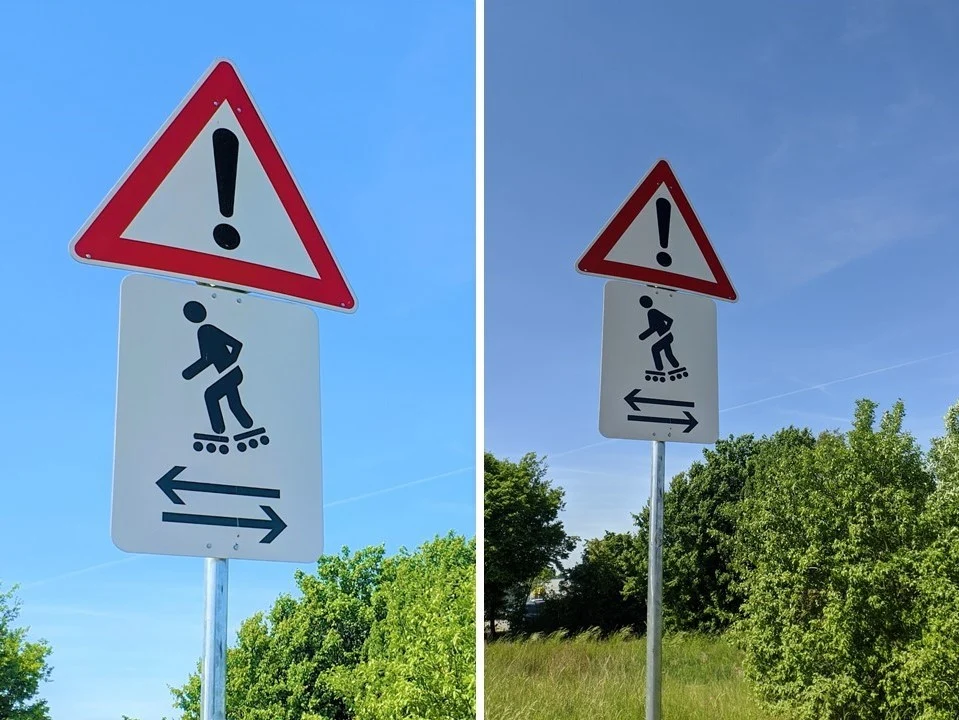 Verkehrsschild »Gefahrstelle«, Dreieck mit Ausrufezeichen und rotem Rand, darunter viereckiges Schild mit Inlineskater drauf und Pfeilen in beide Richtungen