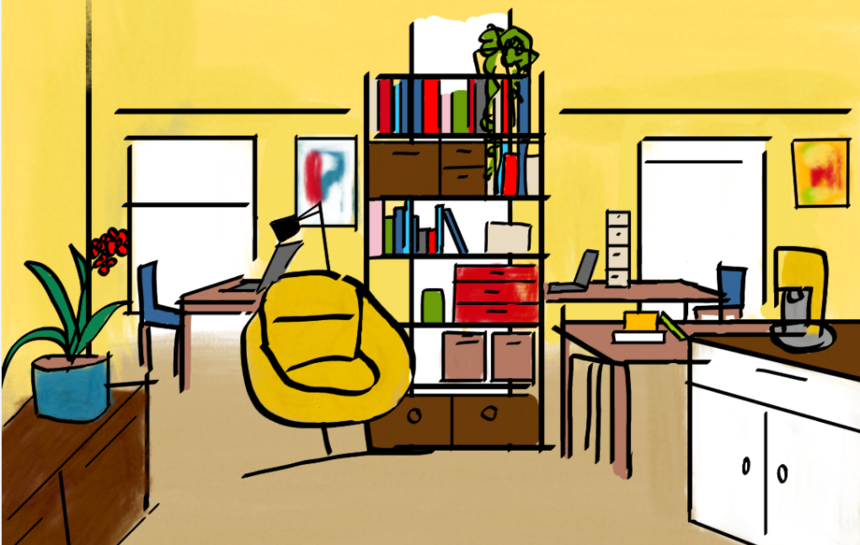 Zeichnung eines Co-Working-Raumes mit Küchenzeile, Akten-Regal als Raumteiler sowie mehreren Computerarbeitsplätzen