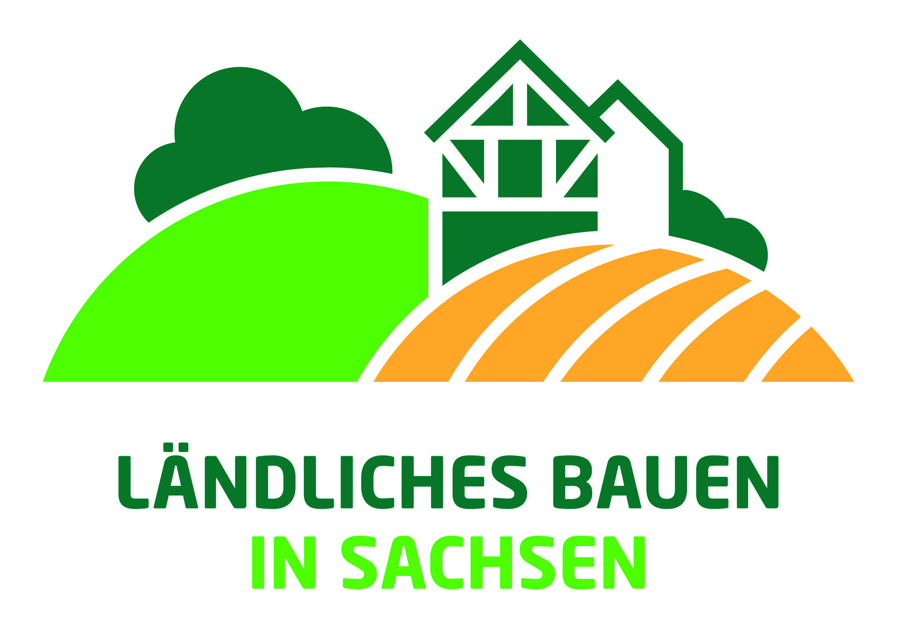 Zu sehen ist das Logo "Ländliches Bauen", eine abstrakte Darstellung eines Hauses und im Vordergrund ein Feld.